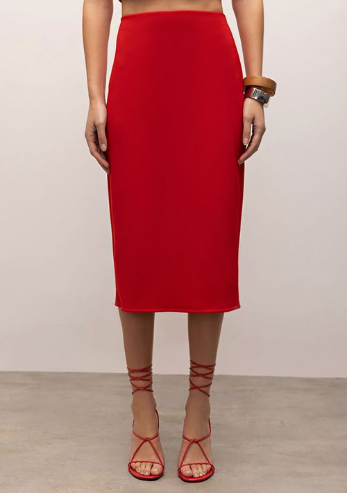 Saia Iódice Midi Justa Com Fenda Vermelho