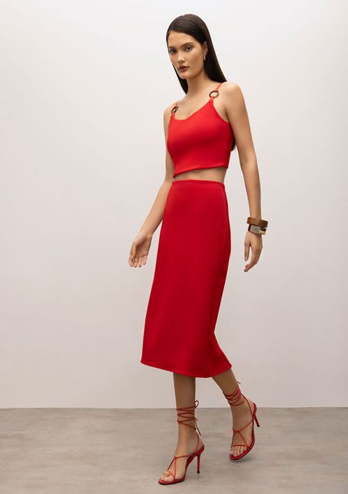Saia Iódice Midi Justa Com Fenda Vermelho