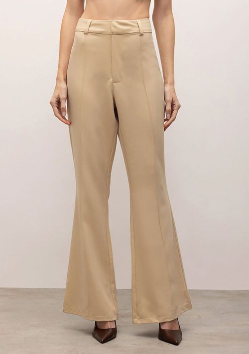 Calça Iódice Flare Cós Alto Com Nervuras Bege