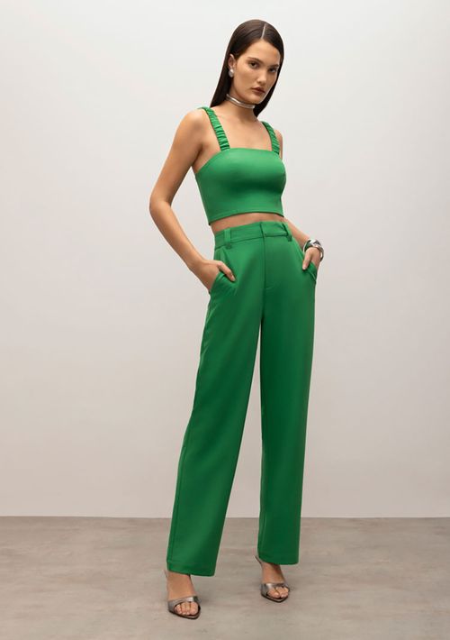 Calça Iódice Reta Cós Alto Com Pence Verde