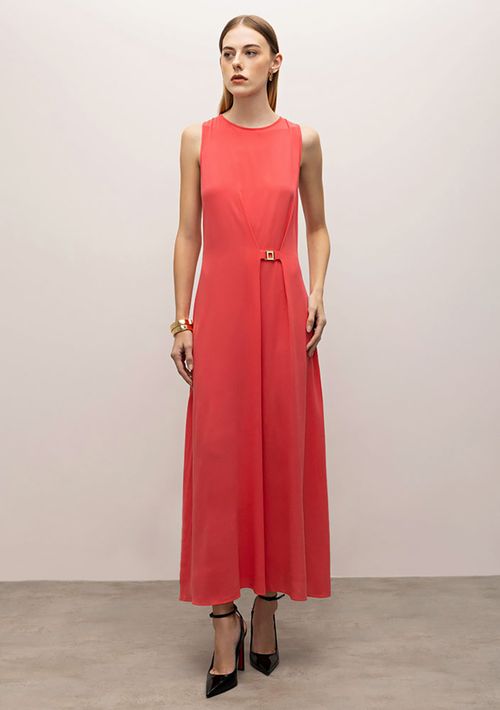 Vestido Iódice Midi Decote Redondo Detalhe Frente Rosa