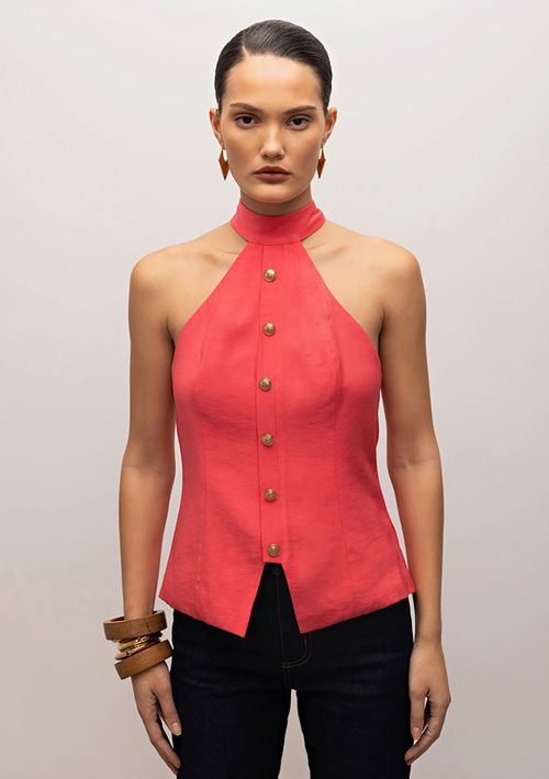 Blusa Iódice Gola Alta Sem Manga Com Zíper Rosa
