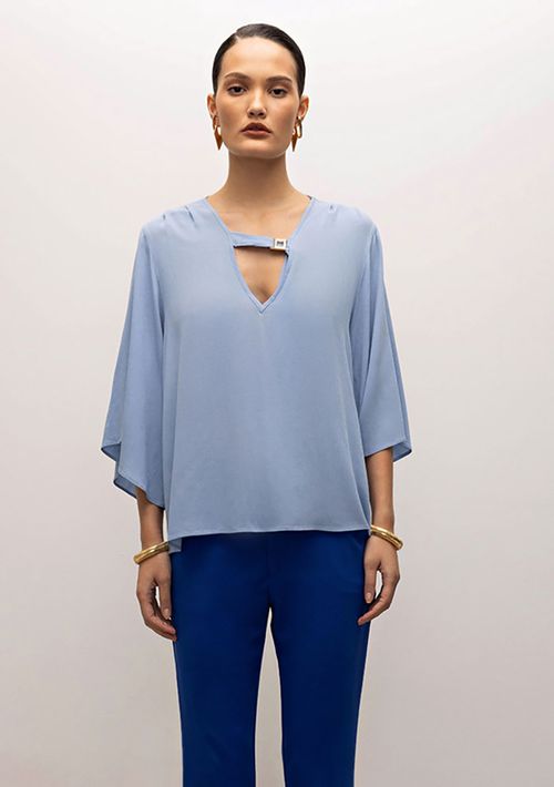 Blusa Iódice Decote V Manga Evasê Detalhe Decote Azul