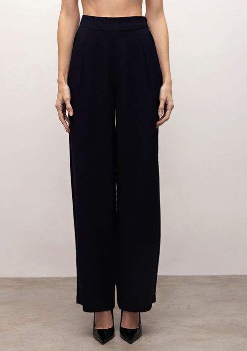 Calça Iódice Wide Cós Alto Com Pence Azul Marinho
