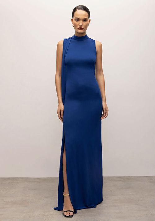 Vestido Iódice Longo Gola Alta Com Faixa Azul