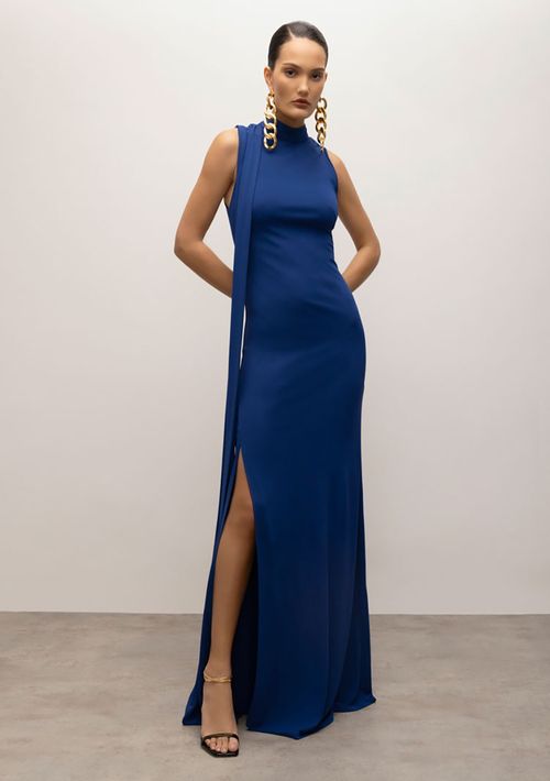 Vestido Iódice Longo Gola Alta Com Faixa Azul