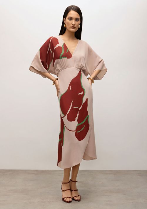 Vestido Iódice Midi Decote V Estampa Localizada Bege