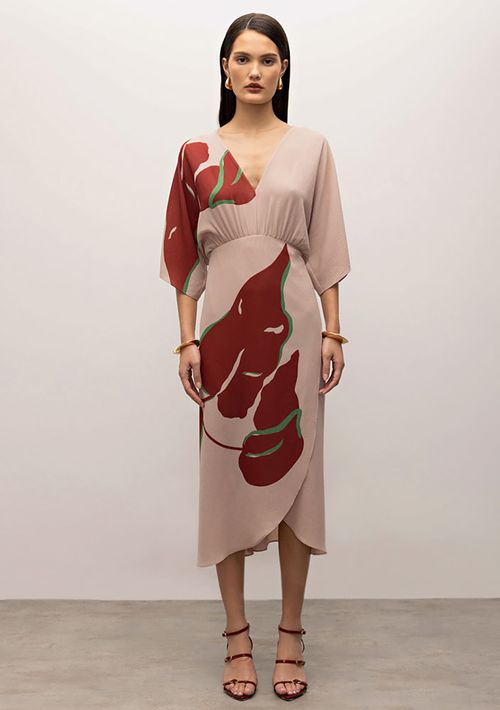 Vestido Iódice Midi Decote V Estampa Localizada Bege