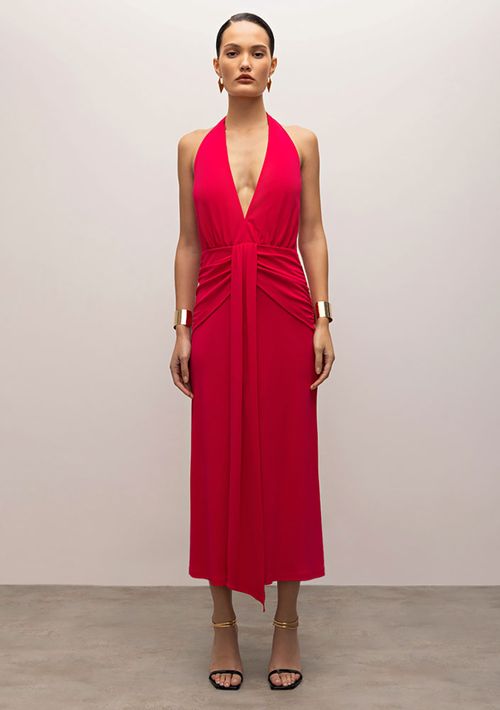 Vestido Iódice Midi Frente Única Com Faixa Pink