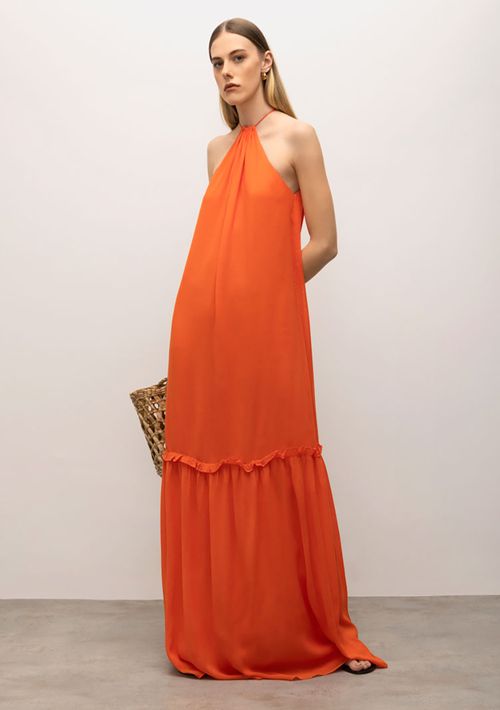 Vestido Iódice Solto Cava Francesa Sem Manga Longo Laranja
