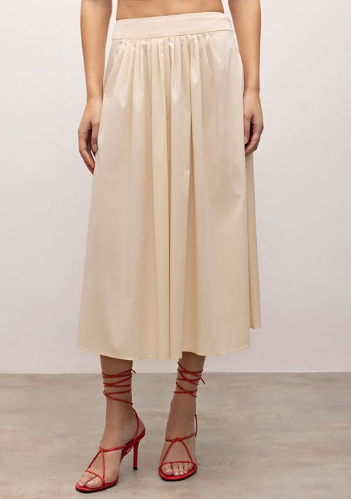 Saia Iódice Midi Evasê Com Pregas Bege
