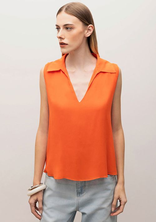 Blusa Iódice Decote V Sem Manga Detalhe Costas Laranja