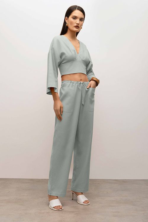 Calça Iódice Reta Cós Alto Com Amarril Azul