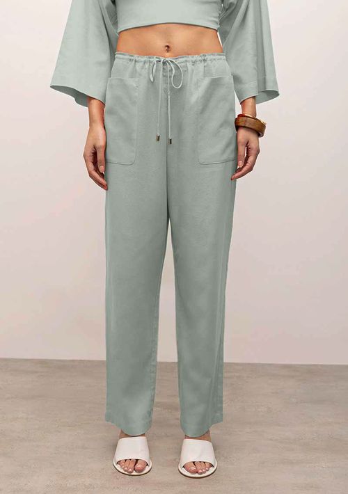 Calça Iódice Reta Cós Alto Com Amarril Azul