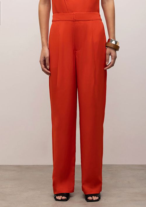 Calça Iódice Wide Cós Alto Com Pregas Laranja