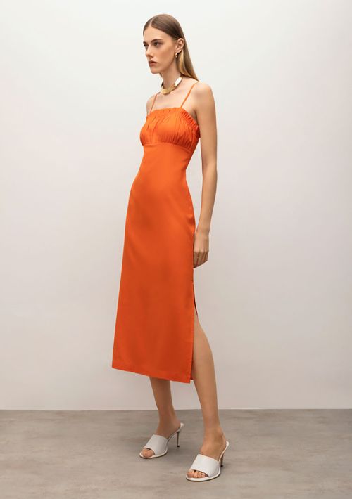 Vestido Iódice Midi Decote Reto Com Franzido Laranja