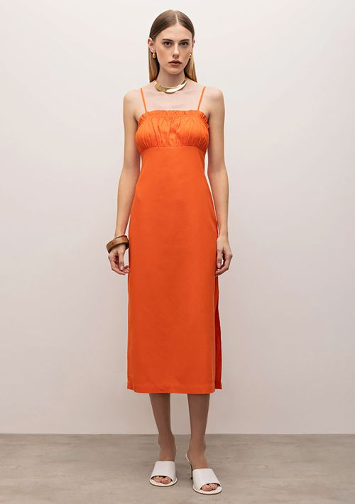 Vestido Iódice Midi Decote Reto Com Franzido Laranja