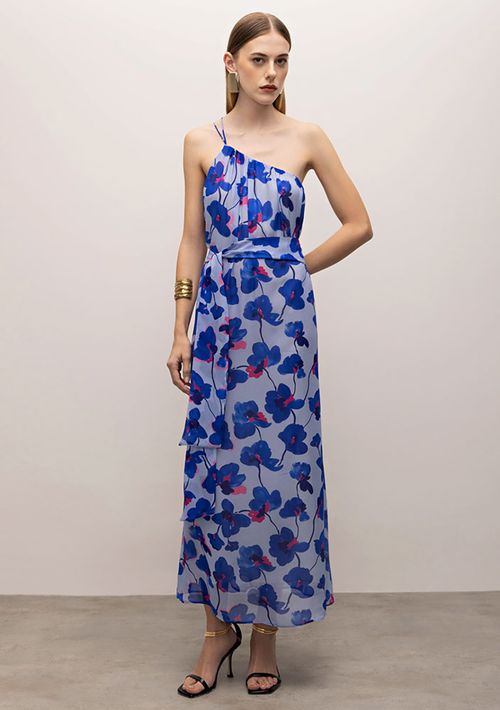 Vestido Iódice Longo Ombro Só Com Faixa Azul