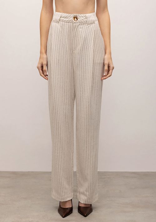 Calça Iódice Reta Cós Alto Com Pregas Cinza