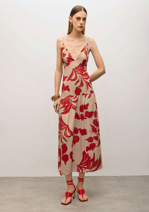Vestido Iódice Midi Decote V Com Franzido Bege