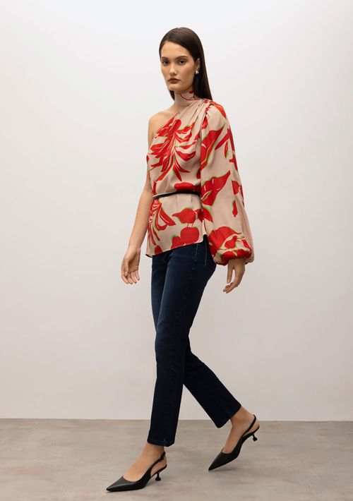 Blusa Iódice Gola Alta Manga Longa Com Franzido Bege