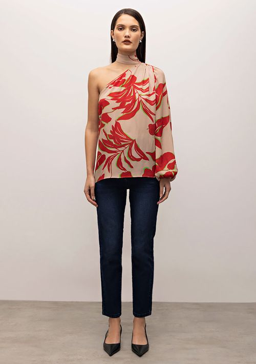 Blusa Iódice Gola Alta Manga Longa Com Franzido Bege