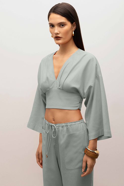Blusa Iódice Decote V Manga Raglan 7/8 Com Pregas Azul