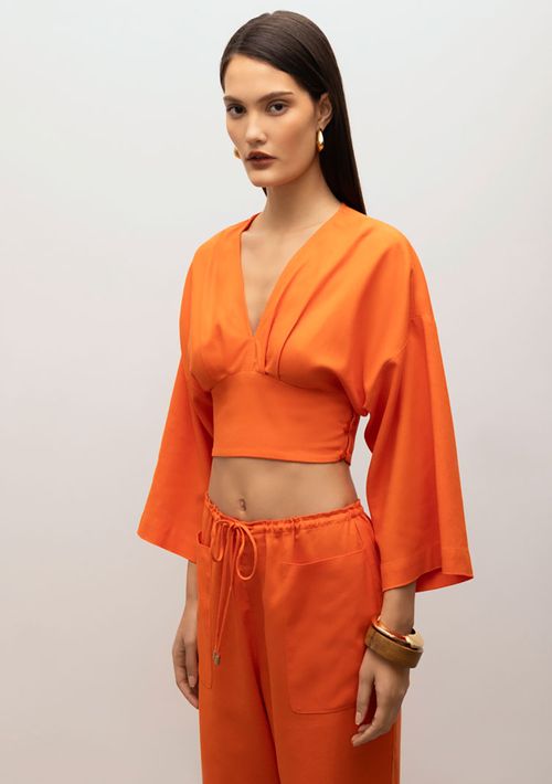 Blusa Iódice Decote V Manga Raglan 7/8 Com Pregas Laranja