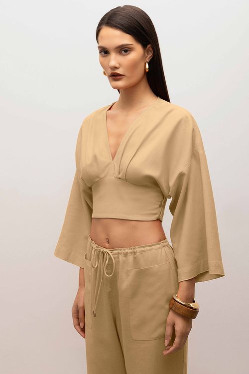 Blusa Iódice Decote V Manga Raglan 7/8 Com Pregas Marrom
