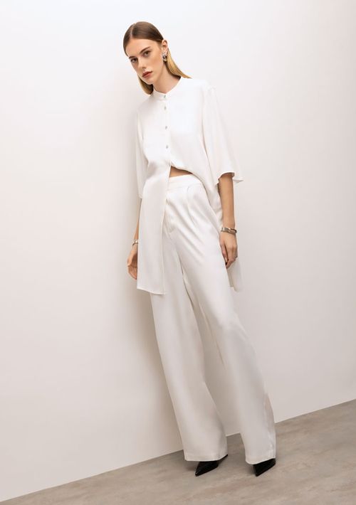 Calça Iódice Wide Cós Alto Com Pregas Off White