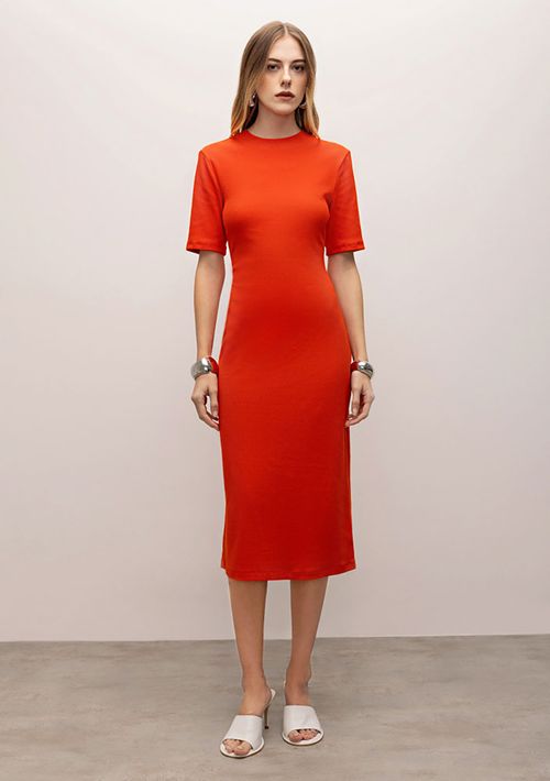 Vestido Iódice Midi Decote Redondo Com Recorte Vermelho