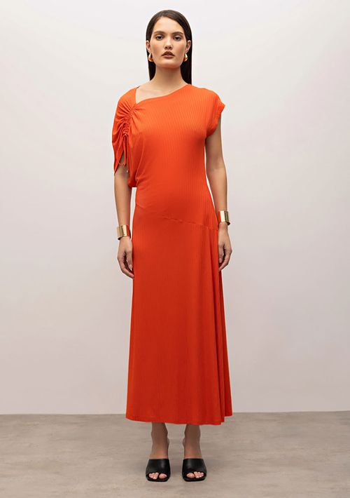 Vestido Iódice Midi Decote Franzido Detalhe Amarril Laranja