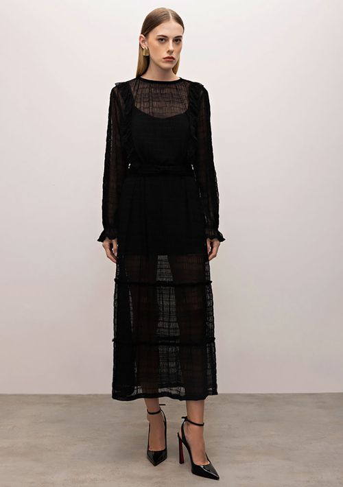 Vestido Iódice Longo Decote Redondo Com Babado Preto