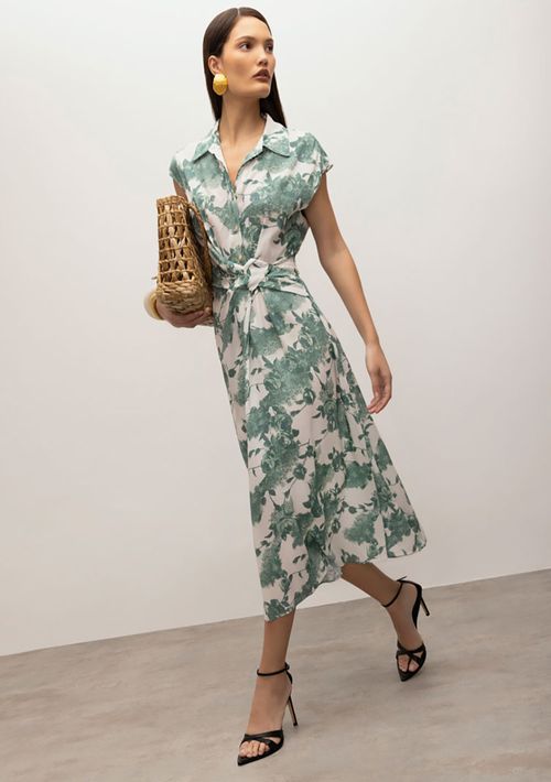 Vestido Iódice Midi Gola Camisa Com Torção Frente Verde