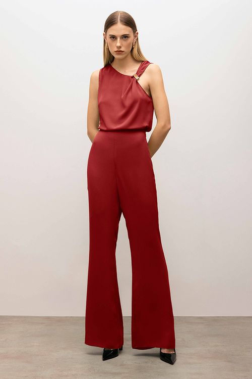 Calça Iódice Flare Cós Alto Detalhe Zíper Vermelho