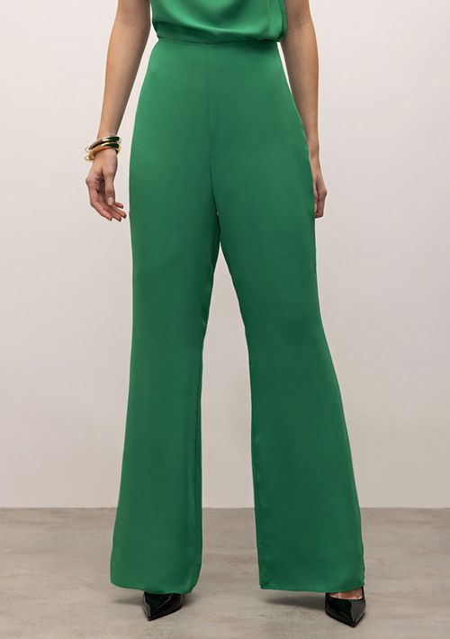Calça Iódice Flare Cós Alto Detalhe Zíper Verde