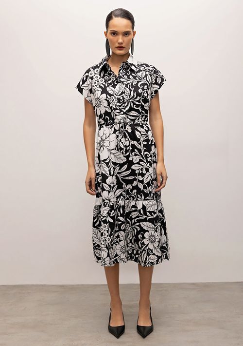 Vestido Iódice Midi Gola Camisa Com Franzido Preto