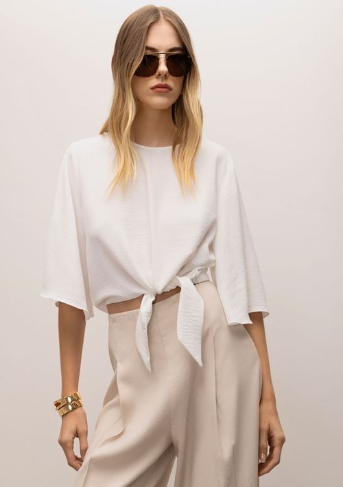 Blusa Iódice Decote Redondo Manga Curta Amarração Frente Off White