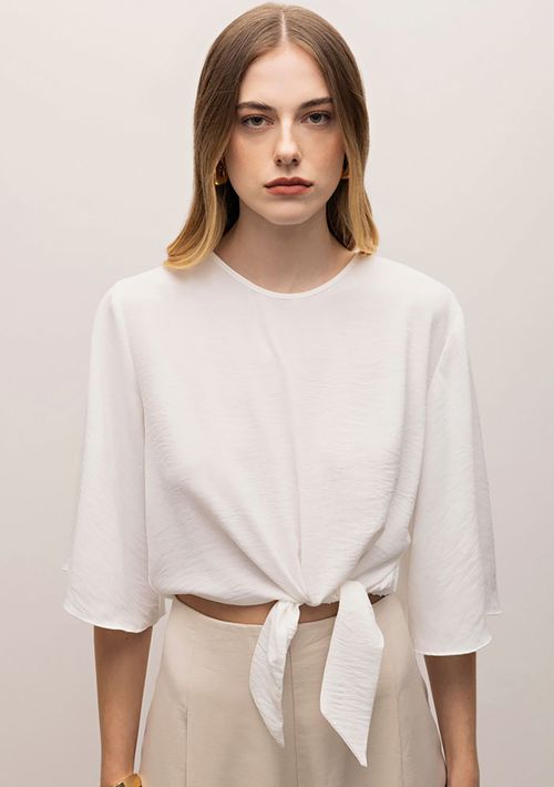 Blusa Iódice Decote Redondo Manga Curta Amarração Frente Off White