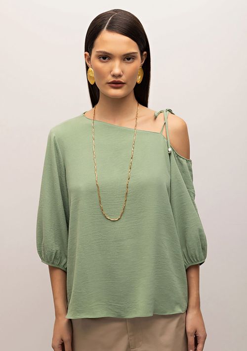 Blusa Iódice Decote Assimétrico Manga 3/4 Com Amarração Verde