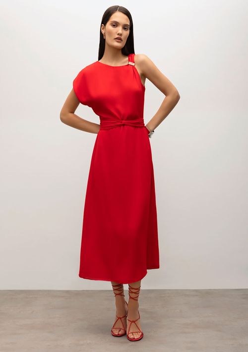 Vestido Iódice Longo Decote Assimétrico Detalhe Aviamentos Vermelho