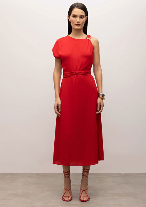 Vestido Iódice Longo Decote Assimétrico Detalhe Aviamentos Vermelho