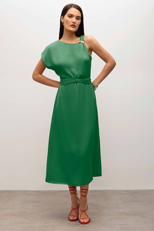 Vestido Iódice Longo Decote Assimétrico Detalhe Aviamentos Verde