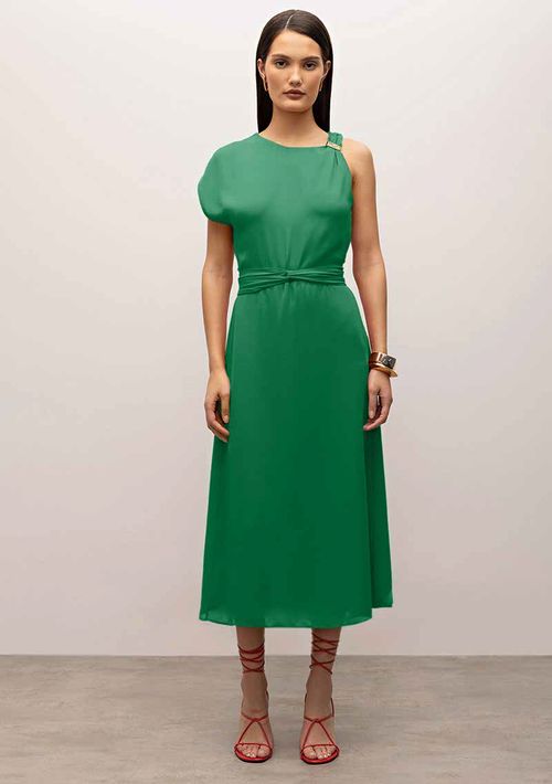 Vestido Iódice Longo Decote Assimétrico Detalhe Aviamentos Verde