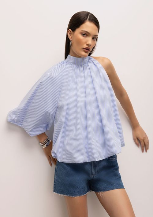 Blusa Iódice Gola Alta Manga Assimétrica Balone Azul