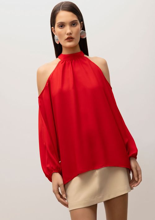 Blusa Iódice Gola Alta Manga Longa Abertura Ombro Vermelho