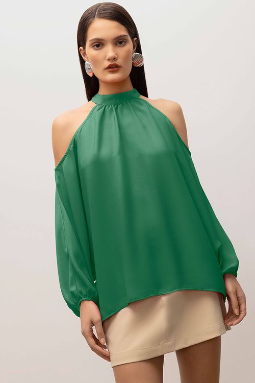 Blusa Iódice Gola Alta Manga Longa Abertura Ombro Verde