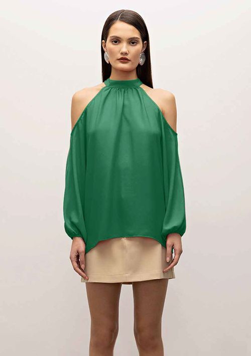 Blusa Iódice Gola Alta Manga Longa Abertura Ombro Verde