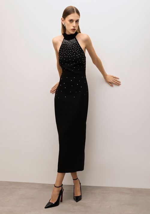 Vestido Iódice Midi Gola Alta Detalhe Frente Preto