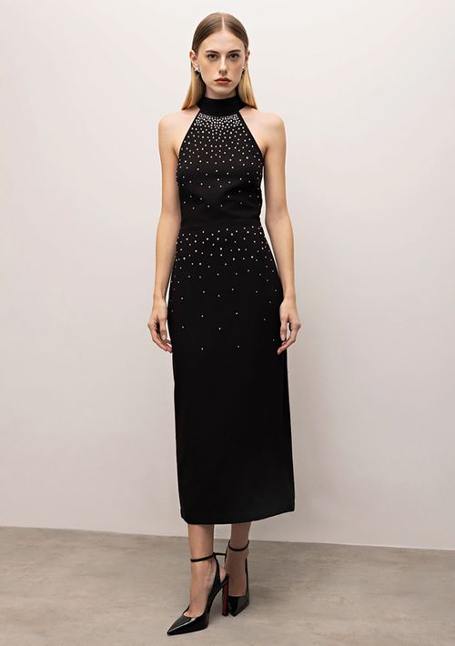 Vestido Iódice Midi Gola Alta Detalhe Frente Preto